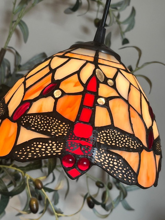 Image 1 of Stained glass pendant lamp with dragonflies beige with red