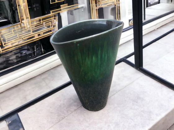 Image 1 of Art Deco grüne Keramikvase glasiert schillernd sehr farbenfroh Frankreich um 1925-1930 Fine Art Keramik