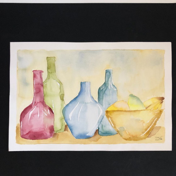 Image 1 of Aquarelle aux bouteilles et aux fruits Allemagne, années 90