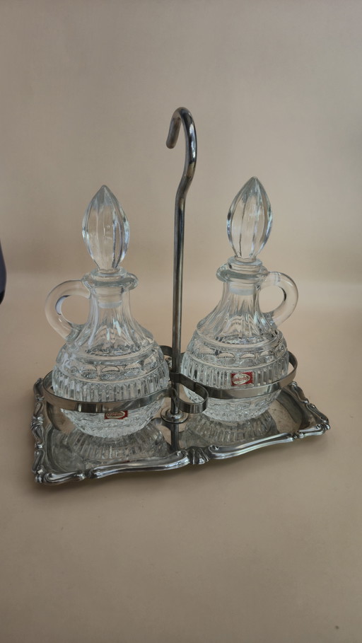 Vintage Italian cruet set – Cristallin glass & stainless steel tray – Inoxbeck