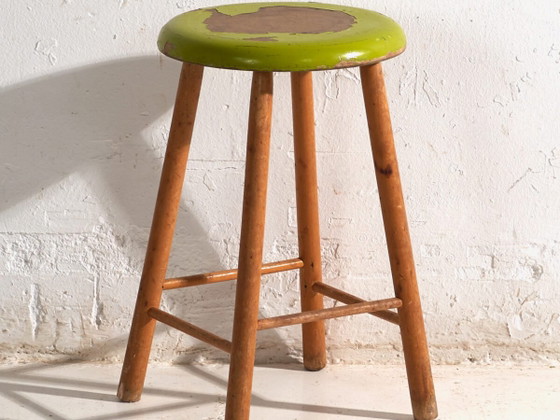Antique wooden stool with round seat – Central Europe, circa 1950 – Rustic (photo 2 of 30)