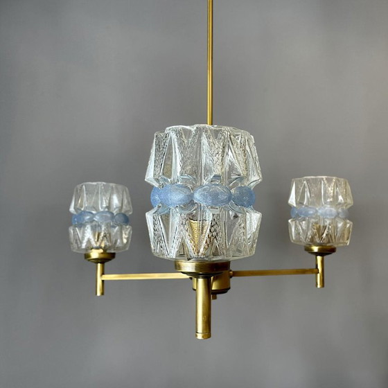 Mid Century Modern Three-Light Wood and Glass Modern Chandelier, 1960s (photo 3 of 15)