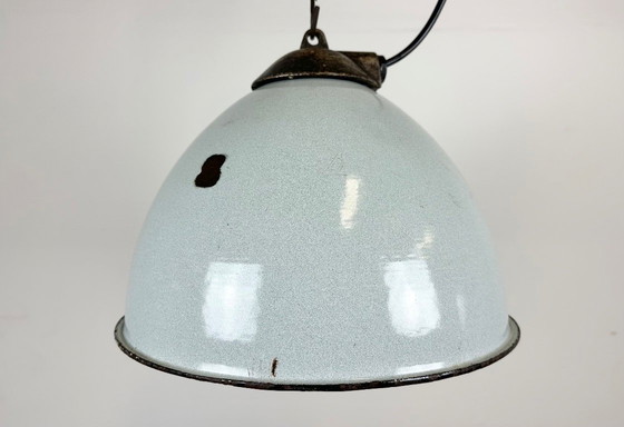 Image 1 of Industrial Grey Enamel Factory Lamp with Cast Iron Top, 1960s