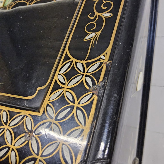Image 1 of Vintage Chinese Lacquer Secretary / Desk with Mother-of-Pearl Overlay / Bohemian / Oriental Cabinet