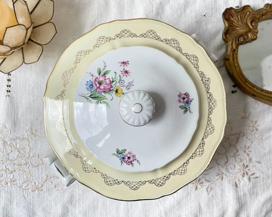 Vintage Bloemen Wit Geel Verguld Porseleinen Soepterrine L'Amandinoise 38754 Frankrijk Jaren 50 – Servies (photo 5 of 8)