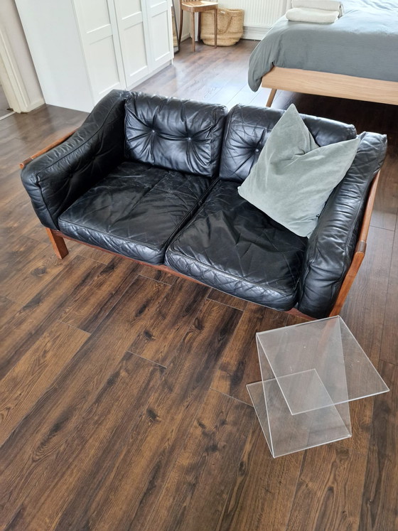 Image 1 of Mid-Century Modern Scandinavian Black Leather and Wood Monte Carlo Sofa by Ingvar Stockum, 1965