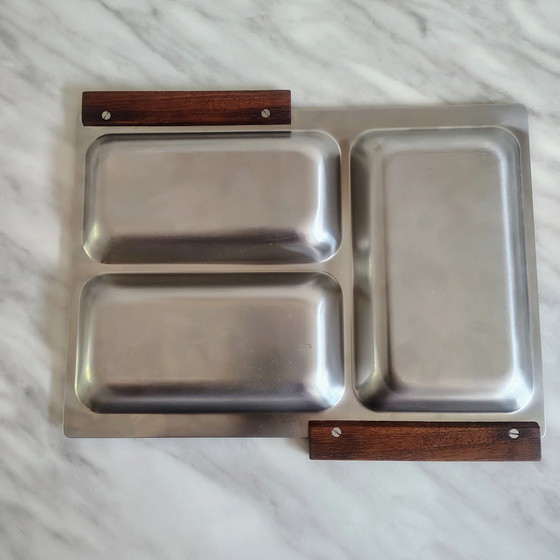 Image 1 of Scandinavian Stainless Steel and Teak Aperitif Tray