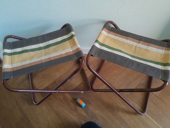 Set 70's Italiaanse buisframe campingkrukjes Grand Soleil, bruin – Tuinstoelen, Cotton, Metal (photo 8 of 12)