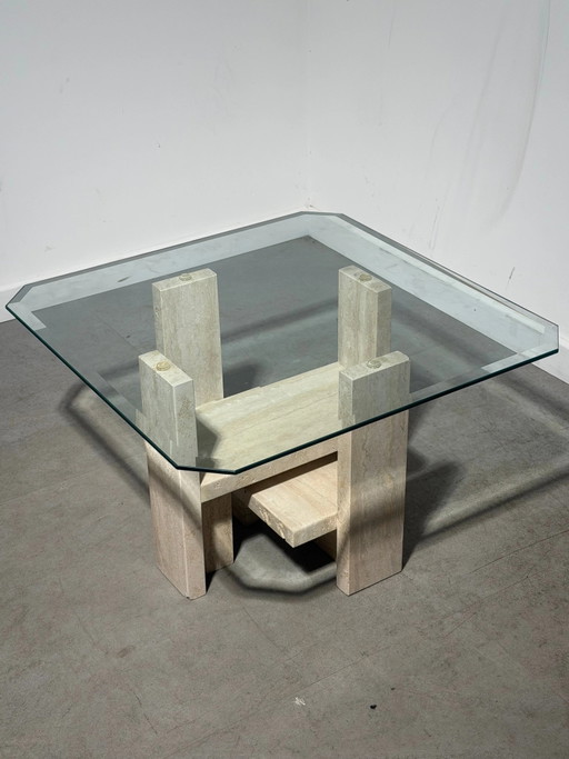 Table d'appoint Willy Ballez en travertin et verre