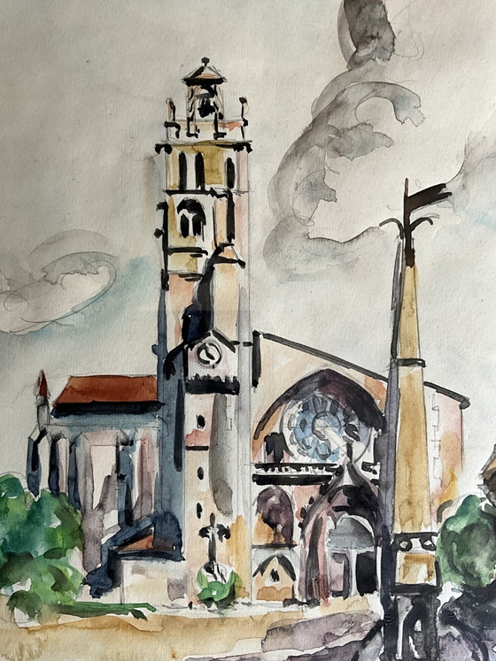 Image 1 of Originele aquarel van de kathedraal van Toulouse, Frankrijk – Françoise Grassin, 1956