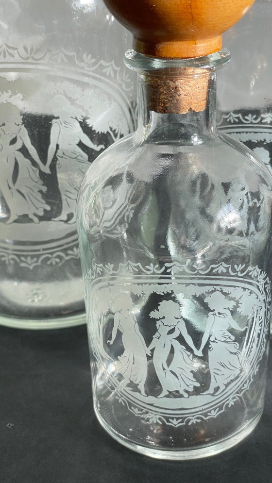 Image 1 of Vintage Engraved Glass and Wood Bottles