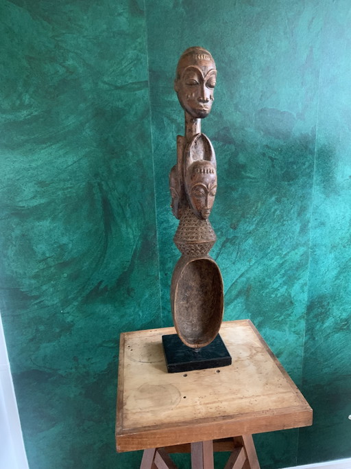 Rare Baoulé Ceremonial Spoon - Triple Figure. Acquired in Dakar, 1980s - 73 cm – beeldhouwkunst, Wood
