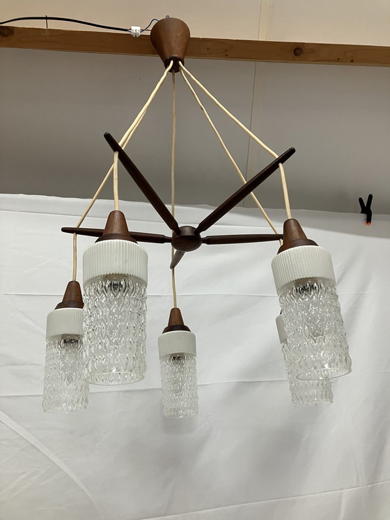 Image 1 of Vintage Scandinavian teak pendant lamp with 5 glass shades