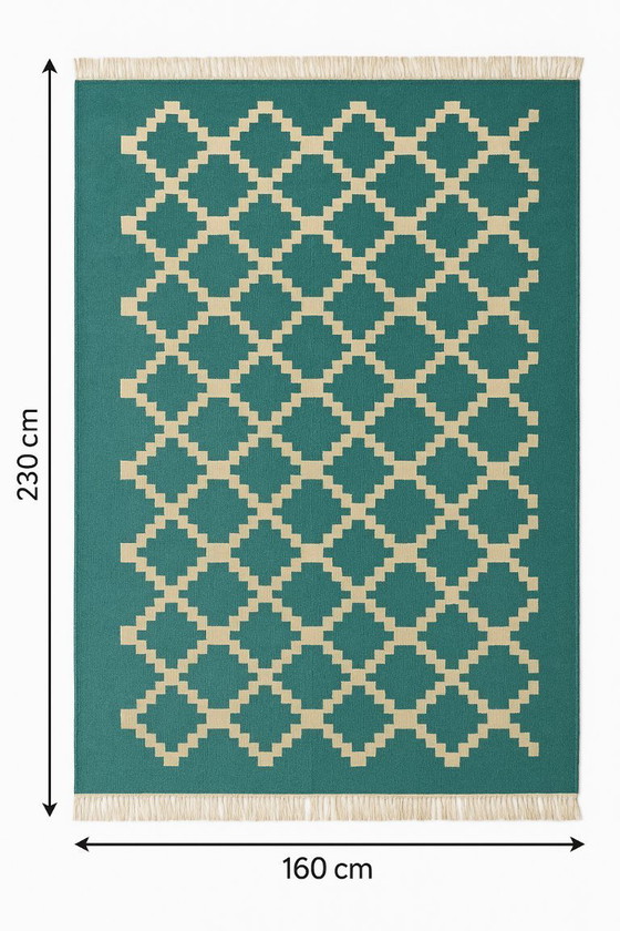 Image 1 of Senon Kelim-Teppich 160 × 230 cm - Handgefertigt in Ägypten - Grüner Diamant, Flachgewebe