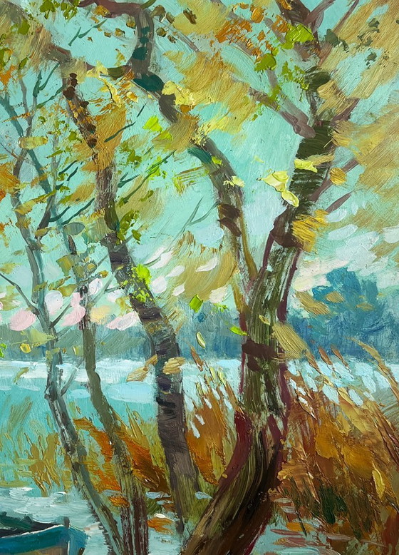 Image 1 of Peinture à l'huile originale représentant un paysage côtier d'automne par temps venteux au bord de la rivière