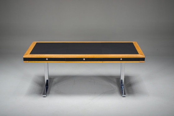 Image 1 of Mid-Century Modern Schreibtisch aus Eiche und Chrom mit Lederplatte, 1980er Jahre