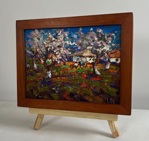Original Oil Painting Summer Village Landscape The gardens are blooming
