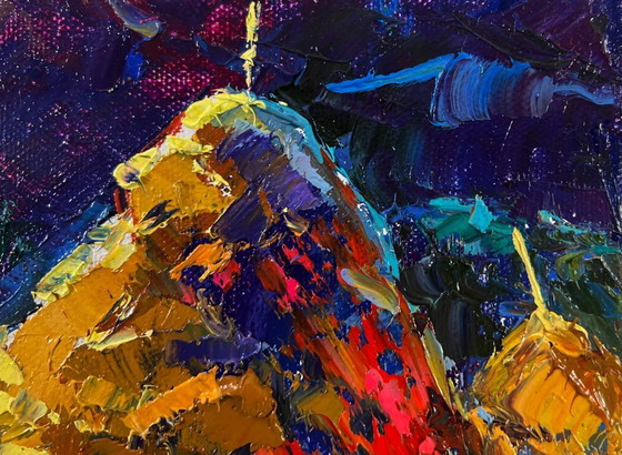 Image 1 of Original Oil Painting Colorful Summer Landscape Night tale in silver reflections