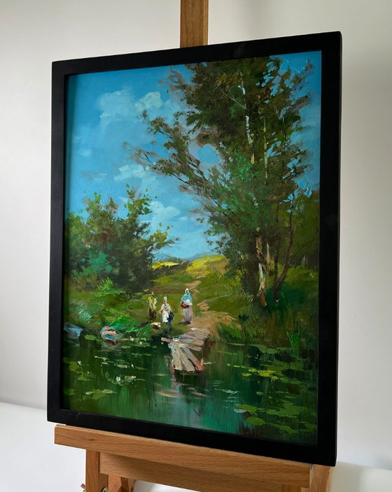 Original Oil Painting Summer River Landscape At the Village Shore – Paintings & Drawings, Mdf (photo 3 of 9)