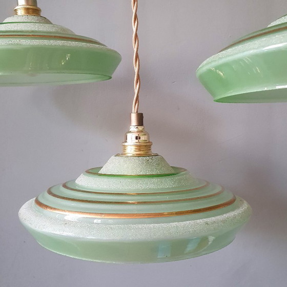 Set of 3 Antique Pendant Lights of Opaline Glass in Green, with Crushed Glass and Gold Decoration (photo 9 of 20)