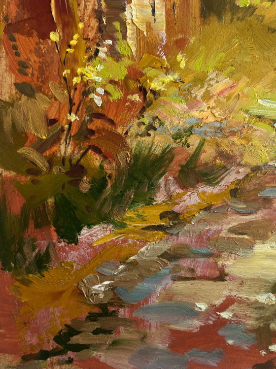 Image 1 of Original Oil Painting Autumn House Landscape Autumn golden path