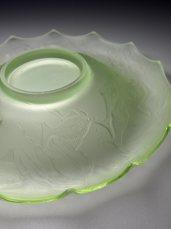 Image 1 of August Walther & Söhne “Arabella” Uranium Glass Centerpiece Bowl – Art Deco Fish Decor – 1930s Germany