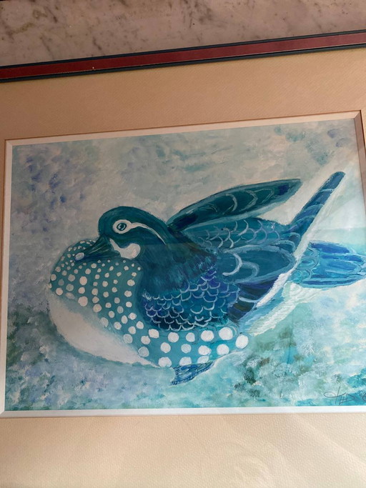 Original watercolor, signed and dated, loon on the water, framed under glass – schilderijen tekeningen (photo 2 of 9)