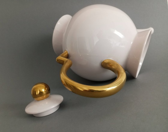 Image 1 of Tetera con tapa 'Barbara' de Gio Ponti, estilo art déco/bauhaus, en rosa y dorado, década de 1930.