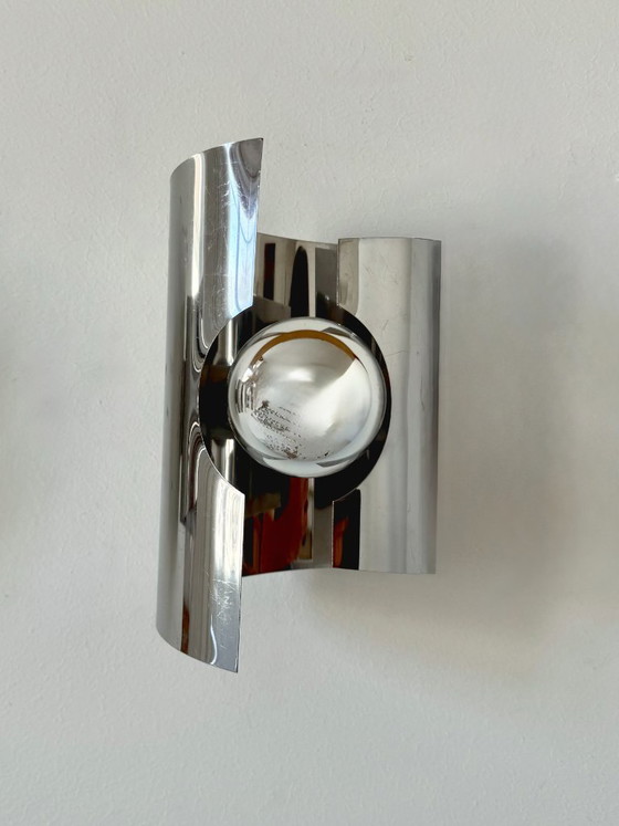 Image 1 of Pair of vintage wall lights, curved chrome-plated metal, France, 1970