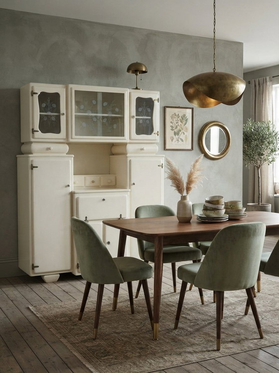 Mid-Century Modern Off-White Cream Kitchen Cabinet and Credenza, 1940s – Sideboard, Glass, Art Deco (photo 2 of 3)