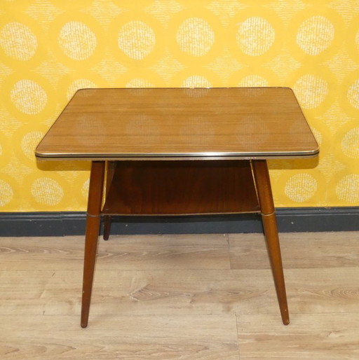 Table de cocktail des années 60 Resopal teck/bord doré + tablette Table d'appoint rectangulaire Table basse sixties rétro vintag