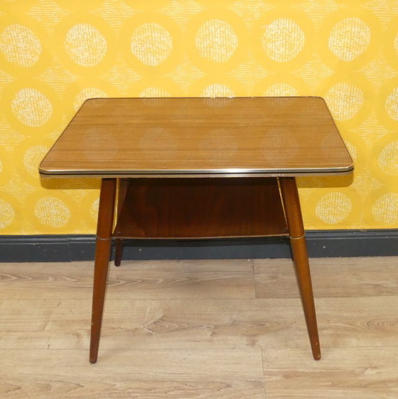 Image 1 of Table de cocktail des années 60 Resopal teck/bord doré + tablette Table d'appoint rectangulaire Table basse sixties rétro vintag