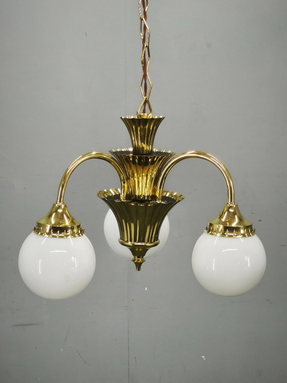 1930s Czechoslovak Art Deco Brass And Opaline Glass Chandelier (photo 13 of 14)