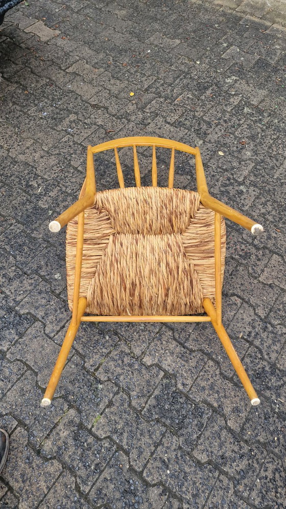 Image 1 of Juego de comedor de los años 50, madera de haya y caña – 6 sillas + banco, estilo Arno Lambrecht