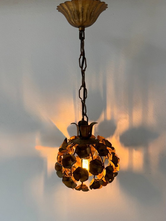 Image 1 of Vintage floral motif pendant light, gilt metal, France, 1970