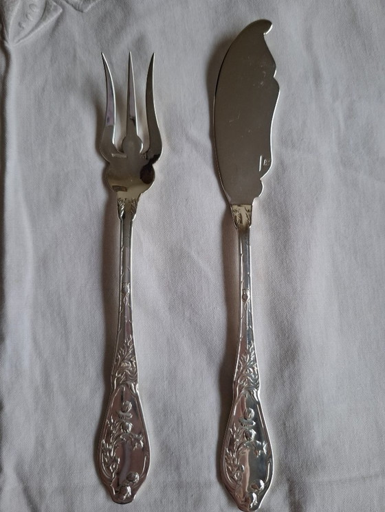 Image 1 of 6 couverts à poisson argentés art nouveau 'Chardons' orfèvre Boulenger