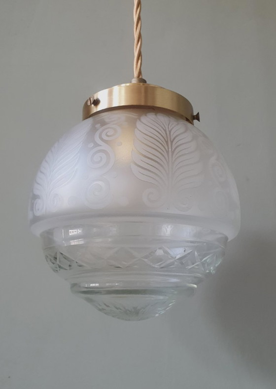 Vintage Bollamp / Hanglamp - Geslepen Glas (Ge-etst) Met Frosted Decoratie – Hanglampen, Metal (photo 5 of 15)