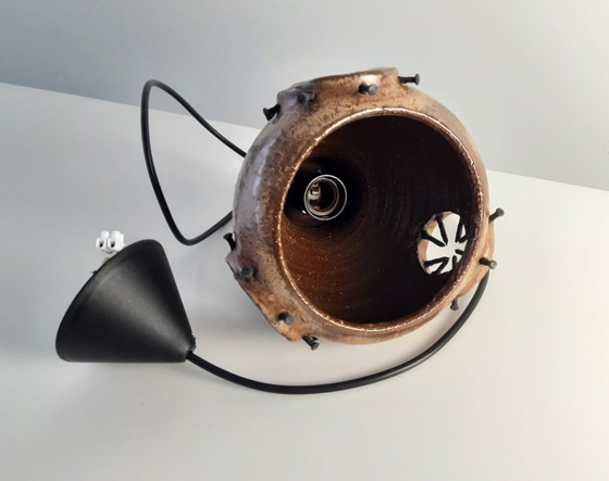 Image 1 of Ceramic earthenware vintage brutalist pendant lamp in brown tones, West Germany fat lava style, wabi-sabi lamp