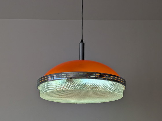 Image 1 of Vintage Space Age "UFO" hanglamp van Massive Belgium – Oranje & Chroom