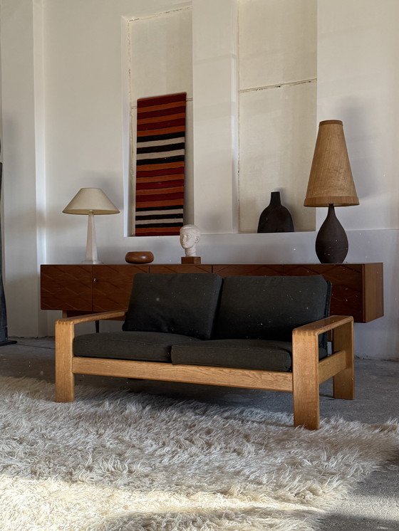 Image 1 of DIVANO 2 POSTI CARL STRAUB IN LEGNO DI FRASSINO E TESSUTO BOUCLÉ, ANNI '70