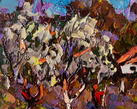 Image 1 of Original Oil Painting Gloomy Trees Landscape Gardens in bloom spring is unfolding