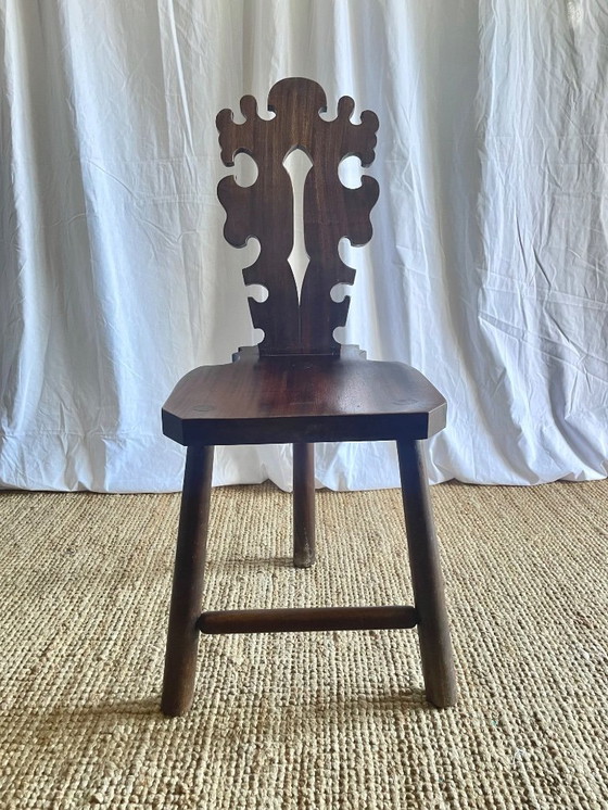 Image 1 of Vintage Brutalist Carved Tripod Stool