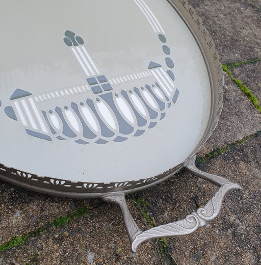 Vassoio con piastrelle e bordo in metallo decoro Art Déco