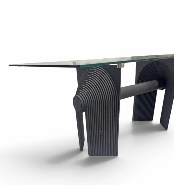Table de salle à manger ou bureau Post Modern en fonte noire avec plateau en verre / années 1980 (photo 14 of 14)