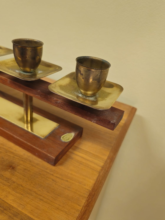Image 1 of Vintage Teakhouten Kandelaar Kaarsenhouder Messing 