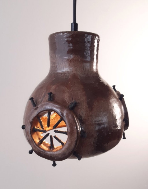 Ceramic earthenware vintage brutalist pendant lamp in brown tones, West Germany fat lava style, wabi-sabi lamp