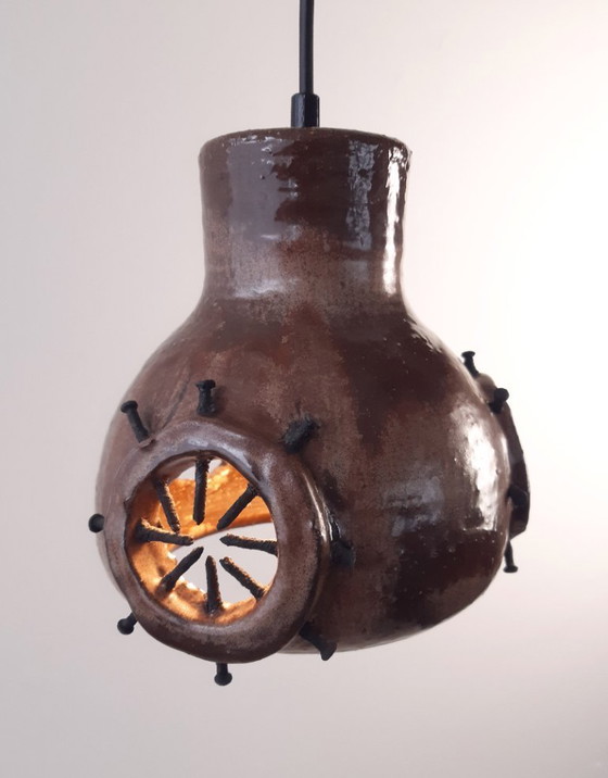 Image 1 of Ceramic earthenware vintage brutalist pendant lamp in brown tones, West Germany fat lava style, wabi-sabi lamp