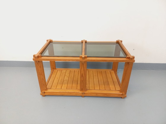 Image 1 of Vintage rectangular coffee table in pine and smoked glass from the 70s/80s
