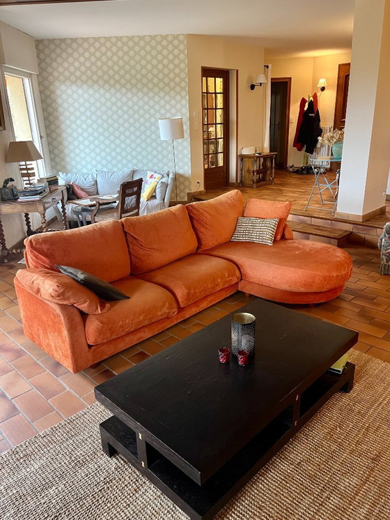 Image 1 of Viscoti vintage stoffen bank met chaise longue in roest/oranje