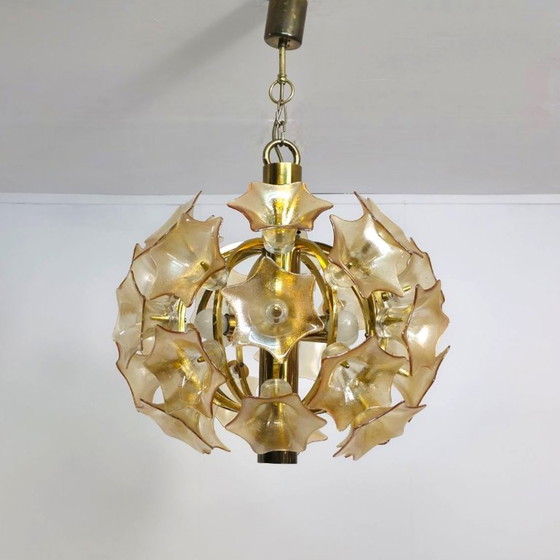 Image 1 of Lampe sphérique Sische avec fleurs de Murano couleur orange/cuivre années 60